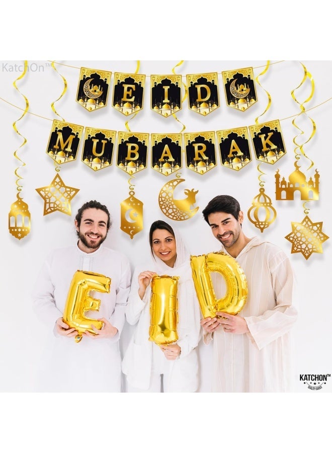 مجموعة لافتة عيد مبارك باللونين الذهبي والأسود وإكليل من 17 قطعة لتزيين العيد - Image 4